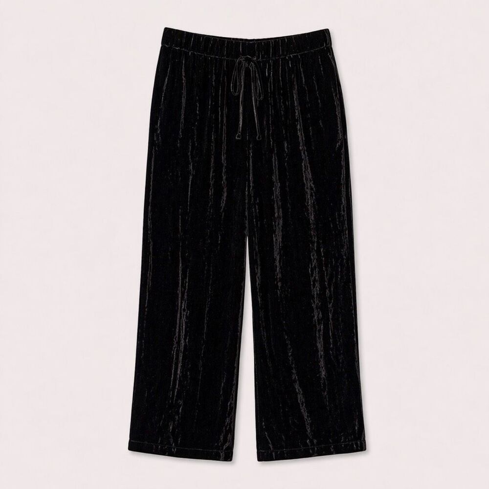 Velvet Wide Leg Pants Women Size M Black Pull-On Elastic Waist Lounge Travel